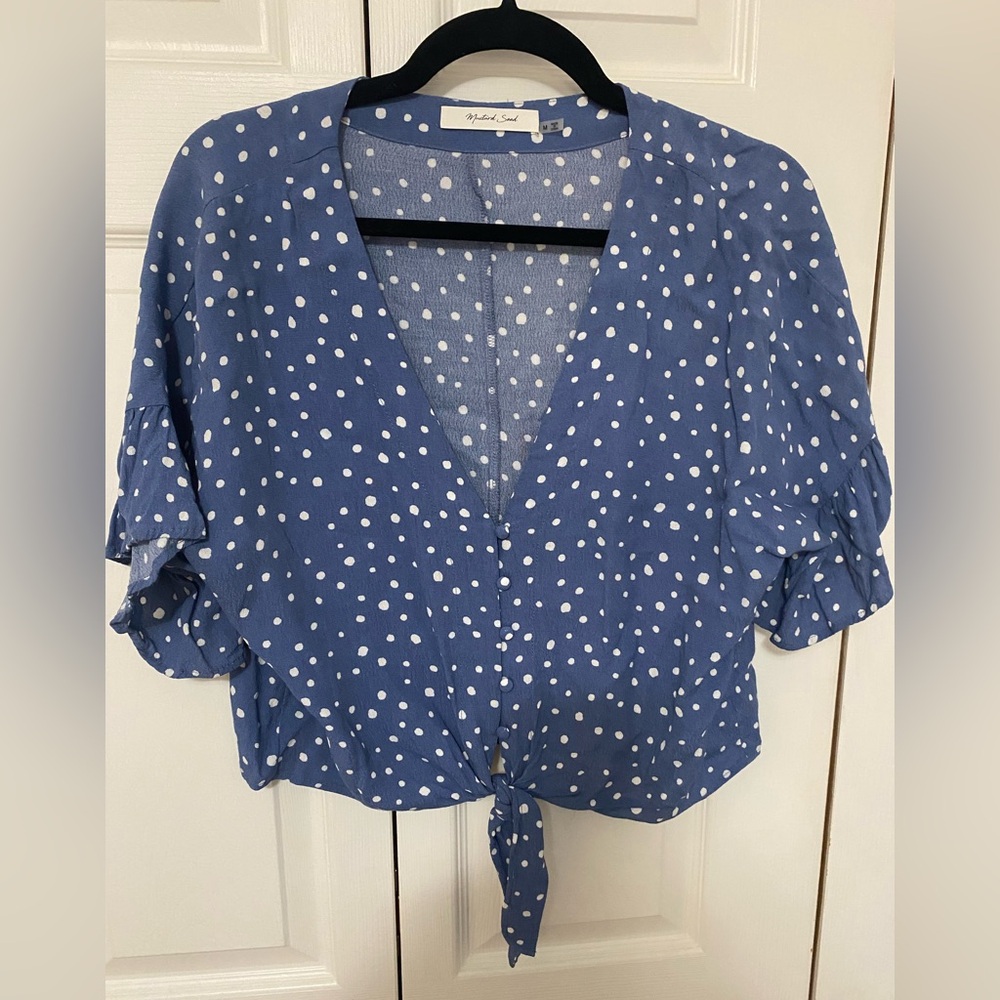 Mustard Seed Blue and White Flutter Sleeve Crop Blouse